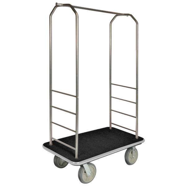 A silver metal CSL bellman's cart with black carpet and metal bars on the frame and metal handles.