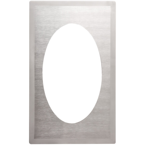 A stainless steel oval adapter plate with a satin finish and a silver frame with an oval cutout.