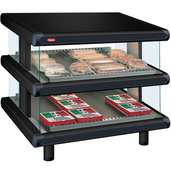 A black Hatco Glo-Ray double shelf display case with food on it.