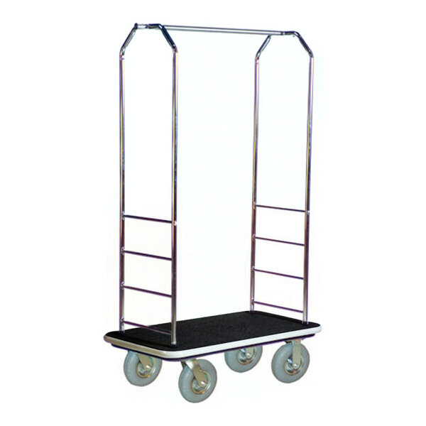 A CSL silver bellman's cart with black carpet and gray metal accents.