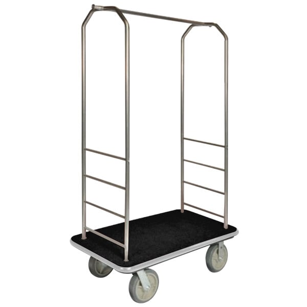 A CSL black and chrome luggage cart with metal bars and wheels.