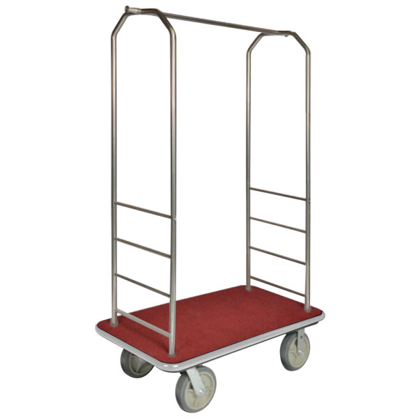 A CSL chrome bellman's cart with rectangular red carpet base and metal frame with metal bars.