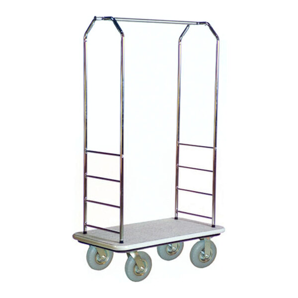 A CSL chrome bellman's cart with gray metal bars and gray carpet.