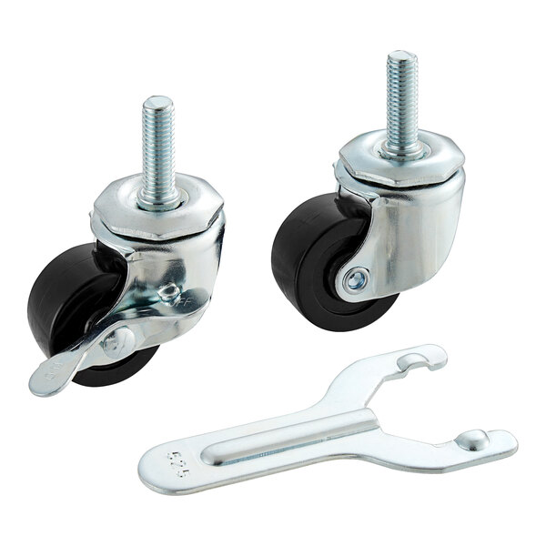 A pair of Beverage-Air stem casters with black rubber wheels and screw stems.