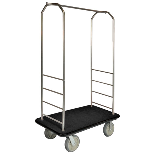 A CSL chrome and black bellman's cart with wheels and metal bars.