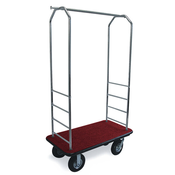 A CSL chrome bellman's cart with rectangular red carpet base and black bumpers and pneumatic wheels.
