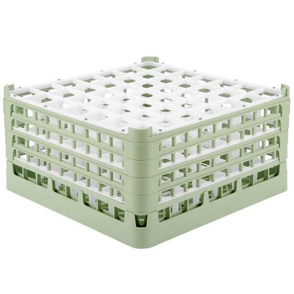 A light green Vollrath plastic rack with white bars holding glassware.