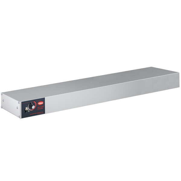 A white rectangular stainless steel Hatco strip warmer with red and black labels.