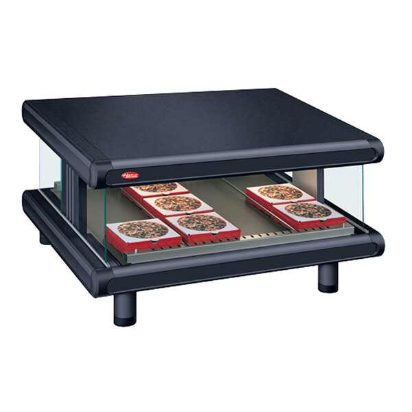 A black rectangular display case with pizzas inside.