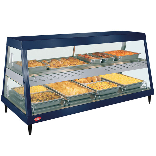 Hatco GRHDH-4PD Navy Blue Stainless Steel Glo-Ray 59 3/8" Full Service Dual Shelf Merchandiser with Humidity Chamber - 120/240V