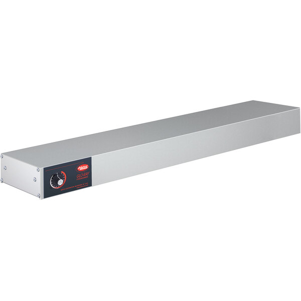 A white rectangular stainless steel Hatco infrared warmer with a red button.