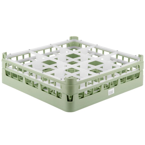 A green and white Vollrath glass rack with 9 compartments.