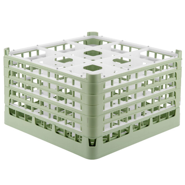A light green plastic Vollrath glass rack with nine compartments.