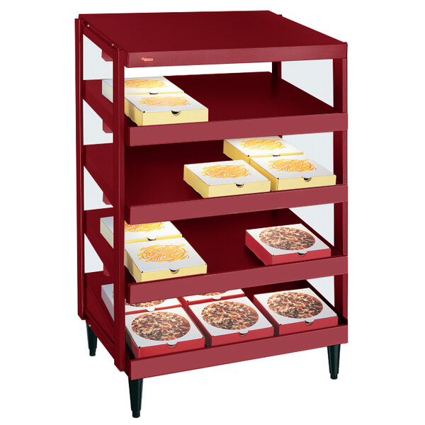 A red Hatco Glo-Ray pizza warmer with pizza in boxes on shelves.