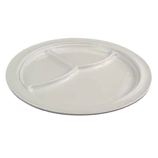 Thunder Group NS703W Nustone White 10 1/4" 3 Compartment Melamine Plate - 12/Pack
