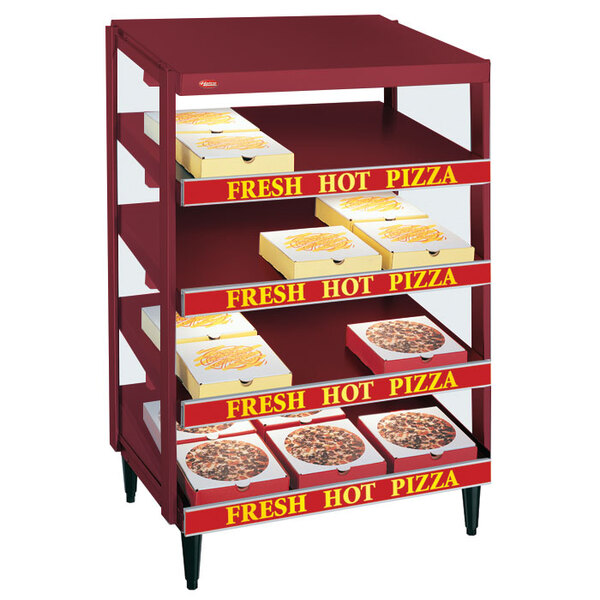 A Hatco Wine Red quadruple shelf pizza warmer with pizza boxes on a shelf.