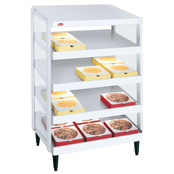 A white Hatco Granite White Glo-Ray pizza warmer with four shelves of pizza boxes.