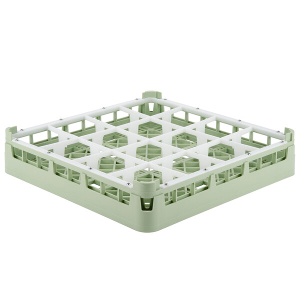 A white and green plastic Vollrath glass rack with 16 compartments.