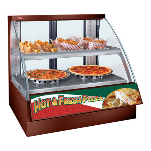 A Hatco Copper Flav-R-Savor countertop display case with pizzas and hot food.