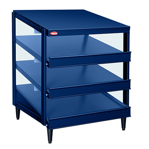 A blue metal shelf with three shelves in a bakery display.