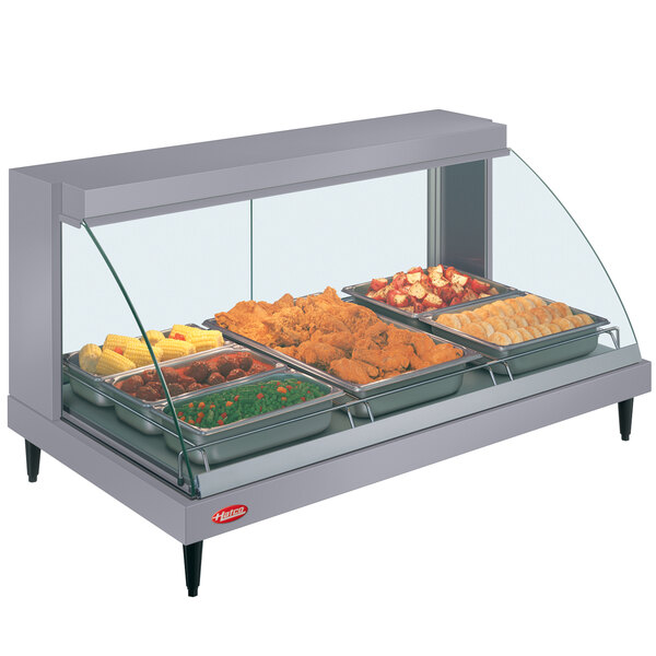 A Hatco Glo-Ray countertop food warmer with food on a single shelf inside.