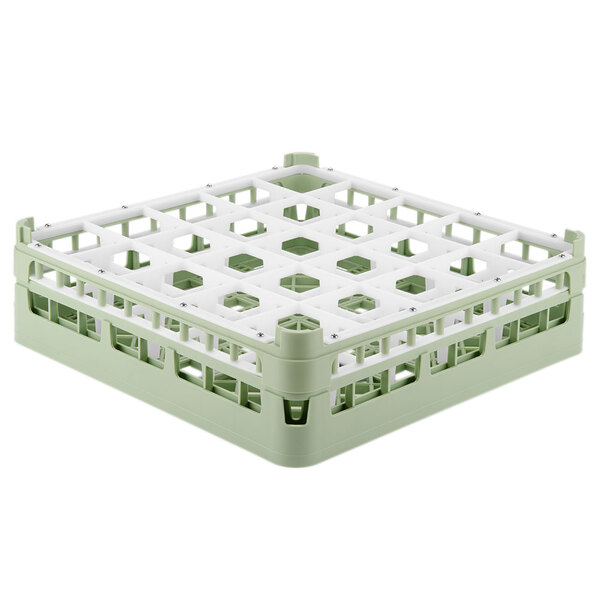 A white and green plastic Vollrath medium plus glass rack with 25 compartments.