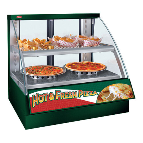 A Hatco Flav-R-Savor countertop display case with pizzas and chips.