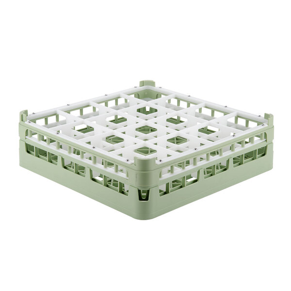 A white and green plastic Vollrath medium plus glass rack with 16 compartments.