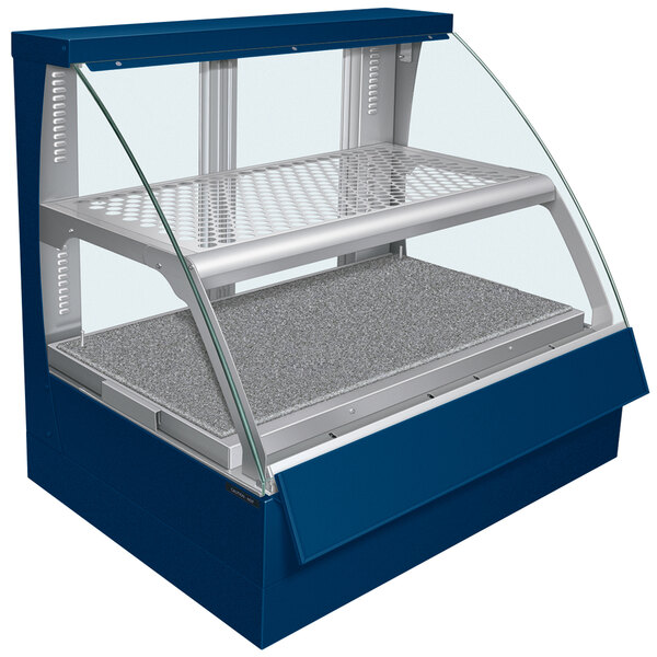 A blue Hatco Flav-R-Savor countertop hot food display case with a glass top.
