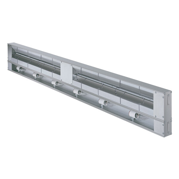 A long rectangular Hatco light fixture with several tubes on a metal shelf.