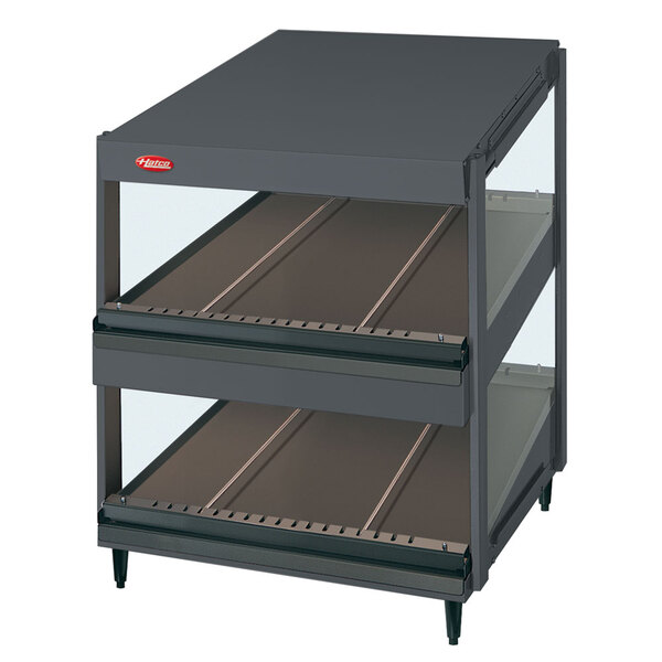 A black and grey Hatco countertop display with glass shelves.
