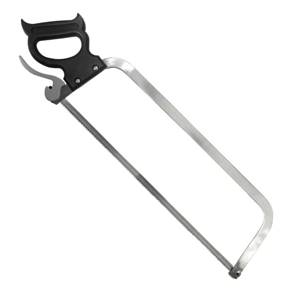 A Weston stainless steel meat saw with a black handle and a blade.