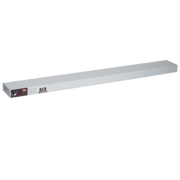 A white rectangular metal shelf with a black label and red handle.