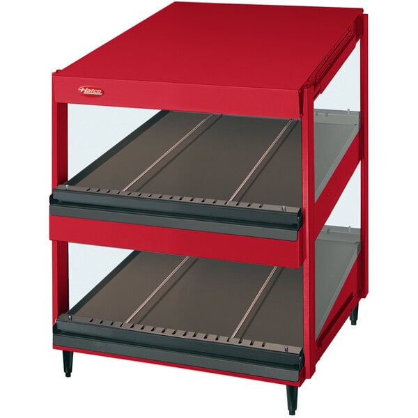A red Hatco display case with glass shelves.