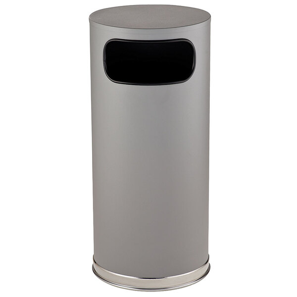 A gray Rubbermaid Crowne waste receptacle with a satin chrome lid.