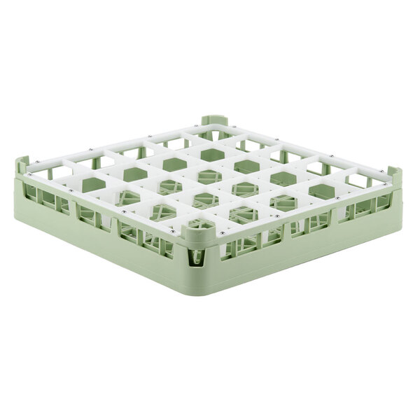 A white and green Vollrath glass rack with 25 compartments.