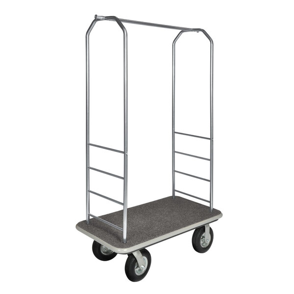 A CSL stainless steel Bellman's cart with gray carpet base and black wheels.