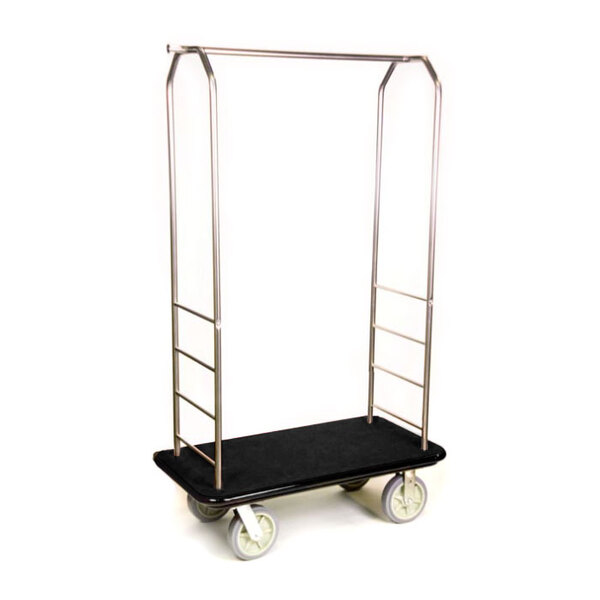 A CSL stainless steel luggage cart with black carpeting and gray wheels.