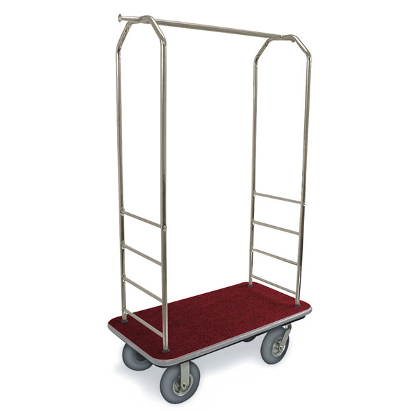 A CSL stainless steel luggage cart with gray accents and pneumatic casters on a red carpet.
