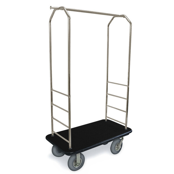 A brushed stainless steel CSL Bellman's cart with black accents and gray wheels.