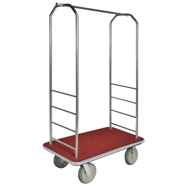 A CSL brushed stainless steel bellman's cart with a red carpet base and metal frame with metal bars.