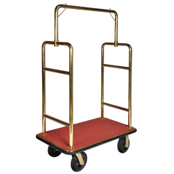 CSL 2533BK-030-RED Titanium Gold Heavy Duty Customizable Bellman's Cart with Rectangular Red Carpet Base, Black Bumper, Squared Top Clothing Rail, and 8" Black Pneumatic Casters