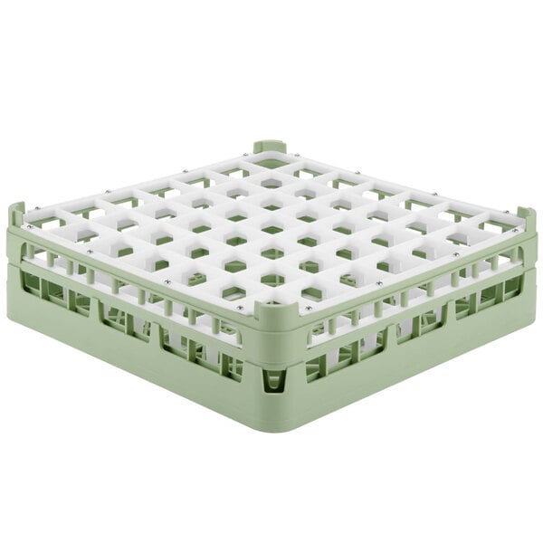 A white and light green plastic Vollrath glass rack with 49 compartments.