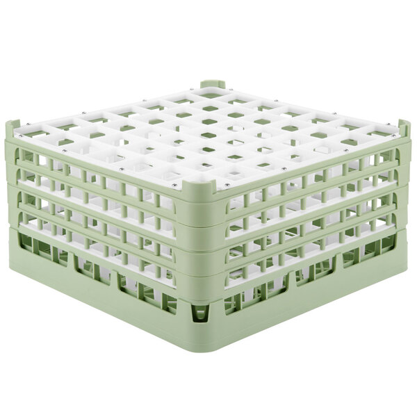 A light green plastic Vollrath glass rack with white bars.
