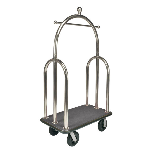A CSL Trident style brushed stainless steel bellman's cart with a grey carpet platform and black metal handles on wheels.