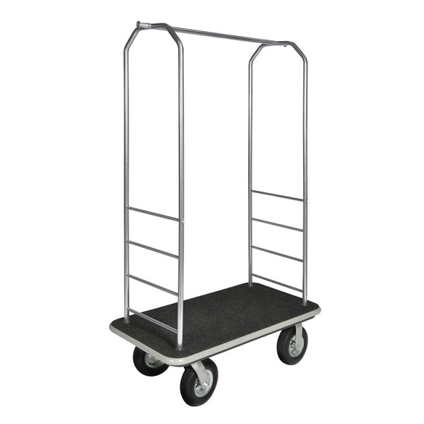A CSL brushed stainless steel Bellman's cart with black carpet base and metal bars on the sides and top.