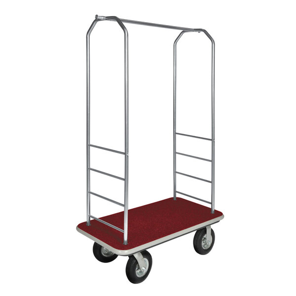 A CSL stainless steel Bellman's cart with a red rectangular carpet base and gray bumpers, and black wheels.