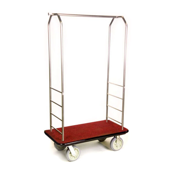 A CSL brushed stainless steel bellman's cart with a rectangular red carpet base and gray wheels.