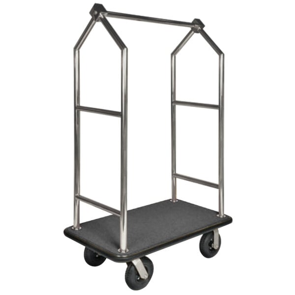 A CSL brushed stainless steel bellman's cart with black accents and gray carpet base, and black pneumatic casters.