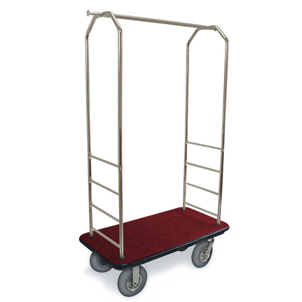 A CSL brushed stainless steel bellman's cart with red carpet and black bumpers and gray wheels.